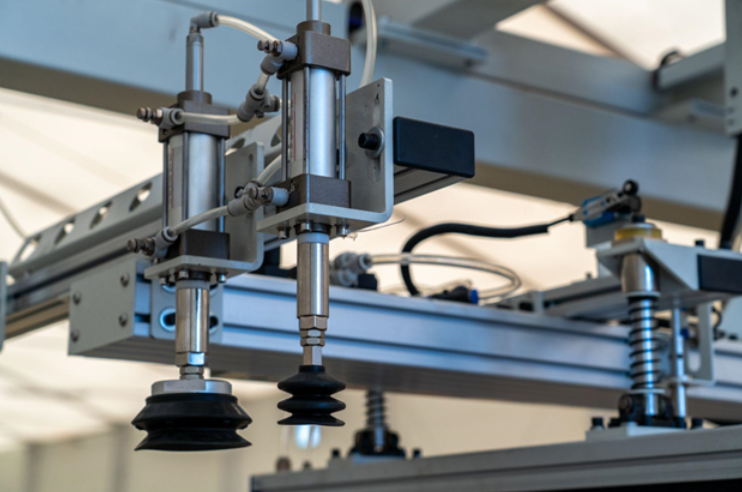 Dual Pneumatic Cylinders with Vacuum Suction Cups on Robotic Factory Arm