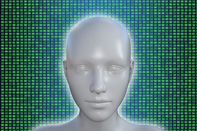 humanoid robot standing in fron of binary code background robotics