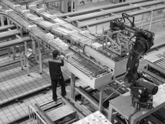 Factory floor conveyor belts and robot