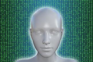 humanoid robot in front of binary code background